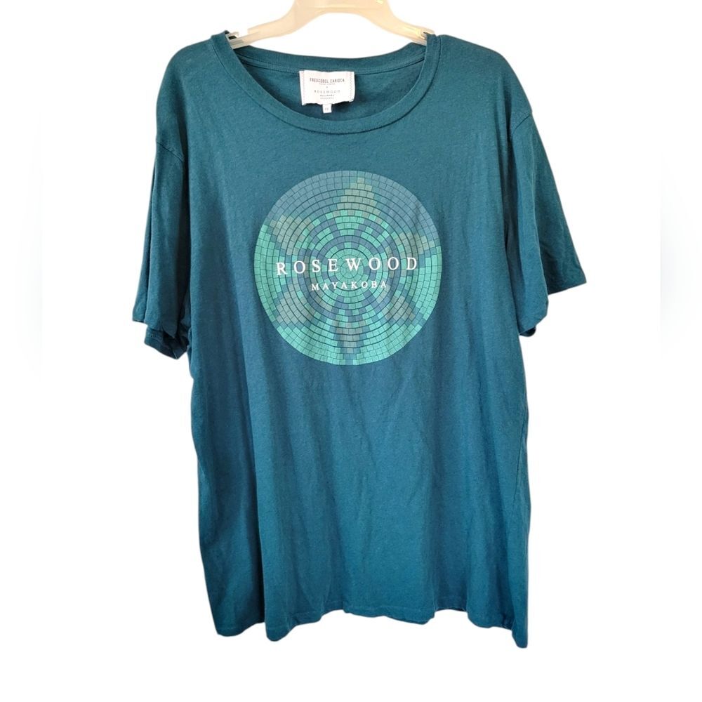 Frescobol Carioca x Rosewood Mayakoba Graphic T-Shirt Size XXL Teal Cotton Linen